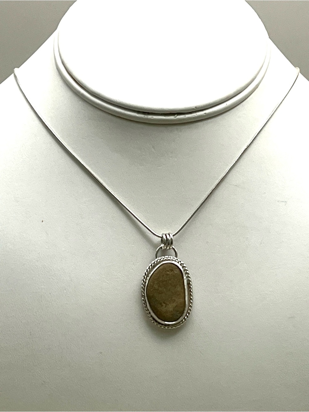 Handmade Sterling Silver Maine Beach Rock Pendant Necklace Oval Rope Bezel